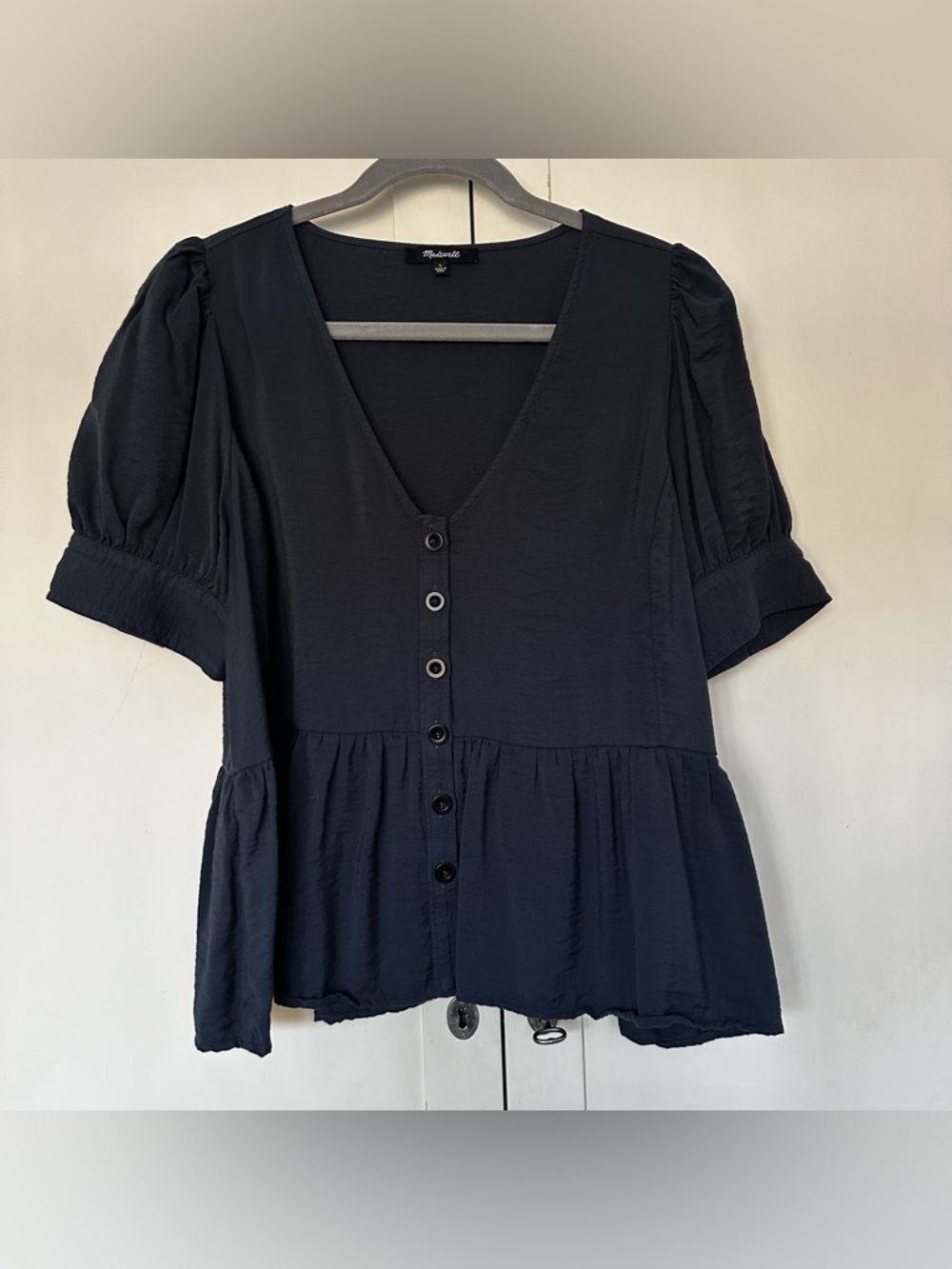 Madewell V-Neck Button-Up Peplum Blouse Top Navy Blue Size L